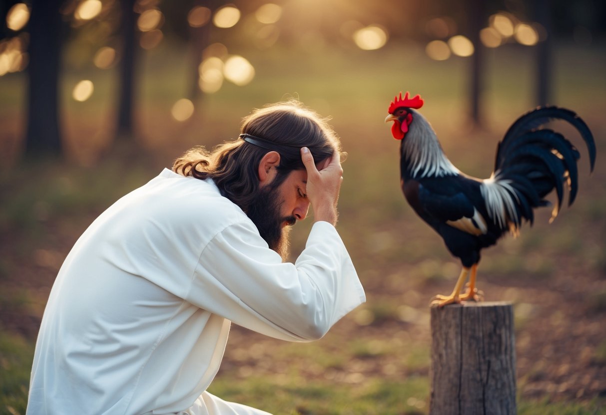 Peter turning away from Jesus, head down in shame, as a rooster crows in the background