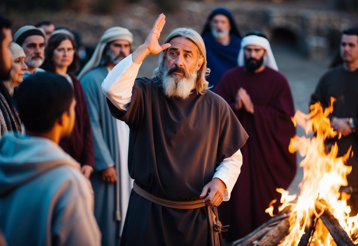 Peter standing near a fire, surrounded by a group of people. He gestures and shakes his head, denying any association with Jesus