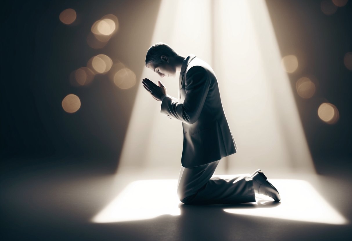 A figure kneels in a beam of light, head bowed in prayer