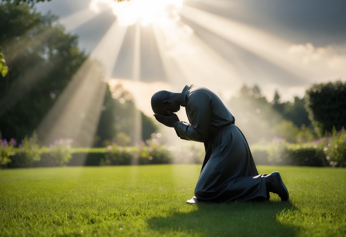 A figure kneels in a peaceful garden, head bowed in prayer, with rays of light breaking through the clouds above