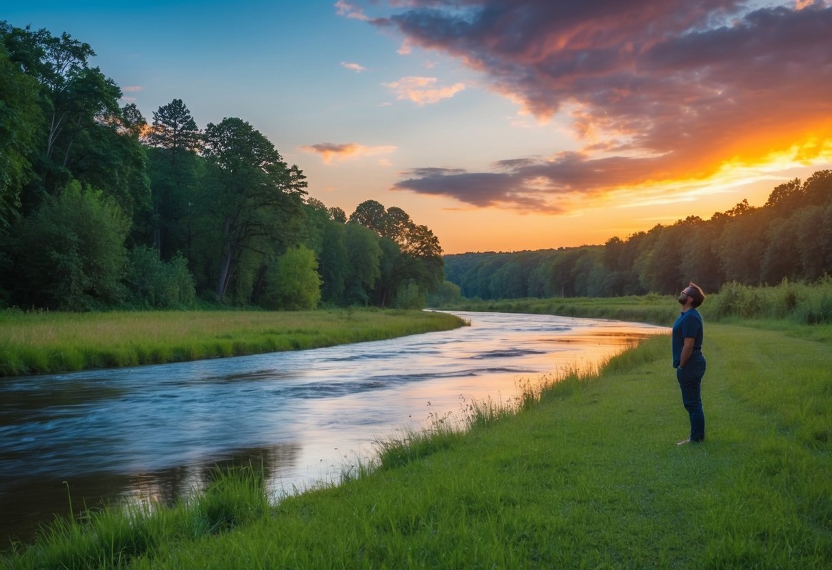 A serene landscape with a colorful sunset, a peaceful river, and a lush forest, with a figure in the distance looking up in gratitude