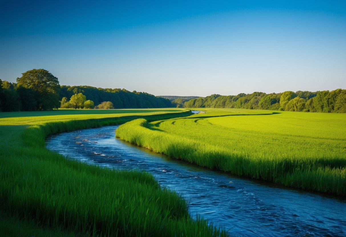A serene landscape with a clear blue sky, lush green fields, and a peaceful river flowing through, evoking a sense of gratitude and thankfulness