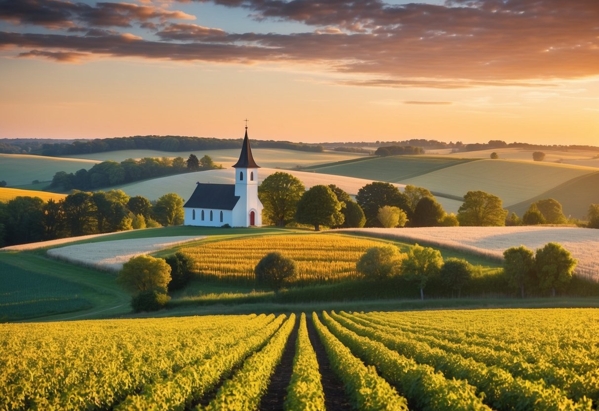 A serene countryside landscape with a bountiful harvest, a peaceful sunset, and a small church nestled among rolling hills