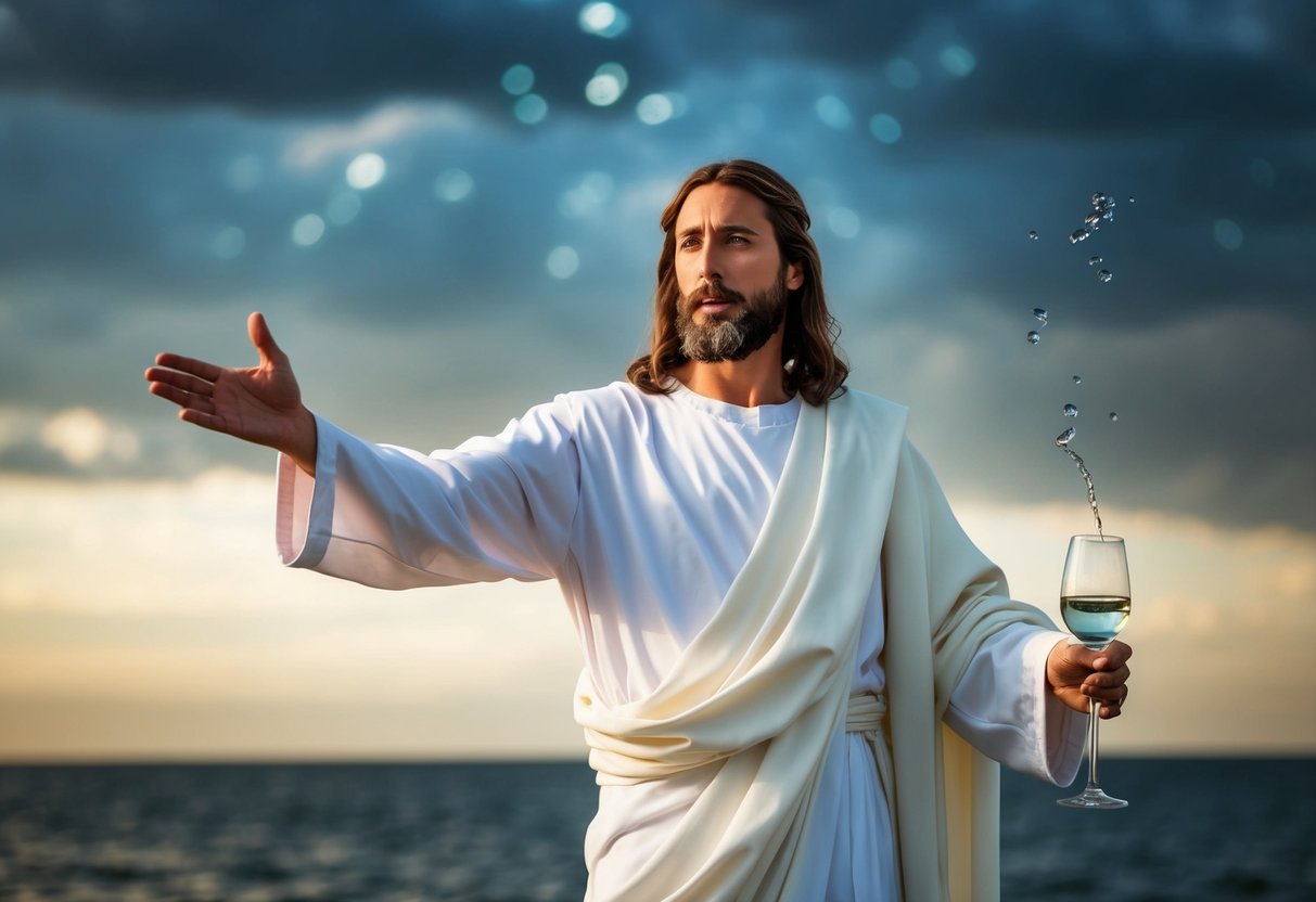 Jesus healing the sick, calming the storm, and turning water into wine