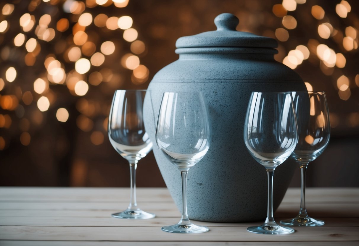 A large stone jar filled with water, surrounded by empty wine glasses