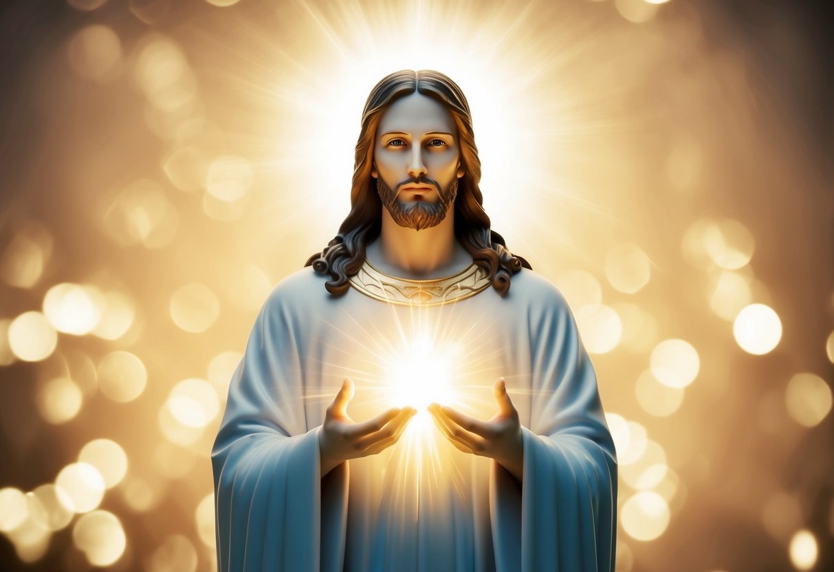 A figure surrounded by light, healing the sick and casting out demons