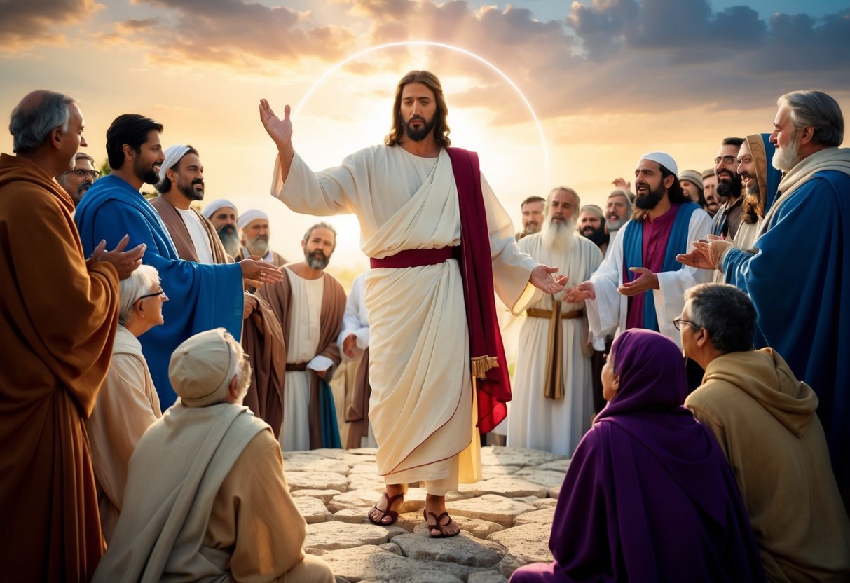 Jesus performs a miracle, surrounded by a crowd of followers and skeptics, with a sense of awe and wonder in the air