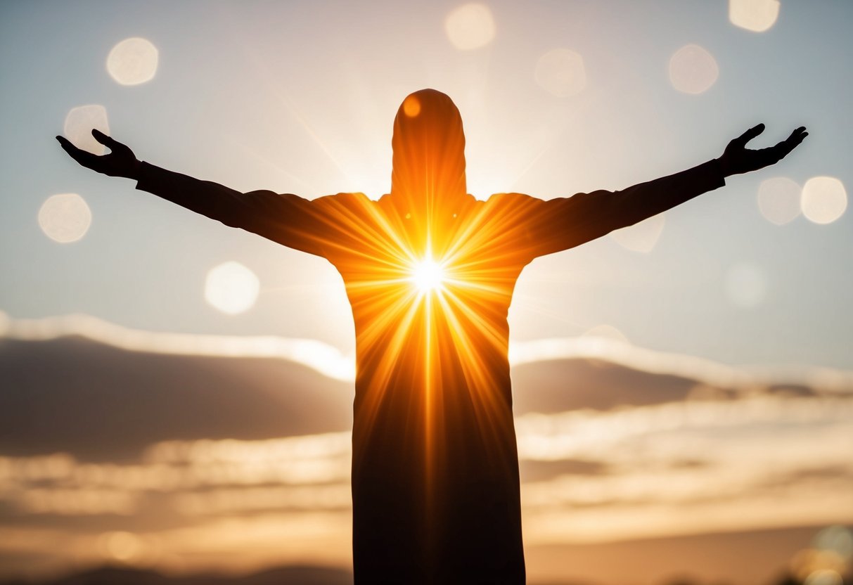 A glowing figure with outstretched arms emanates divine energy