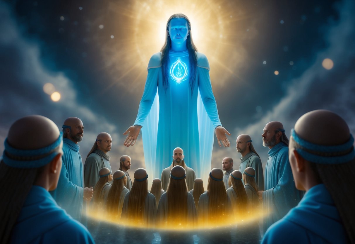 A glowing figure with long hair and a serene expression hovers above a group of mysterious entities, radiating a sense of power and benevolence