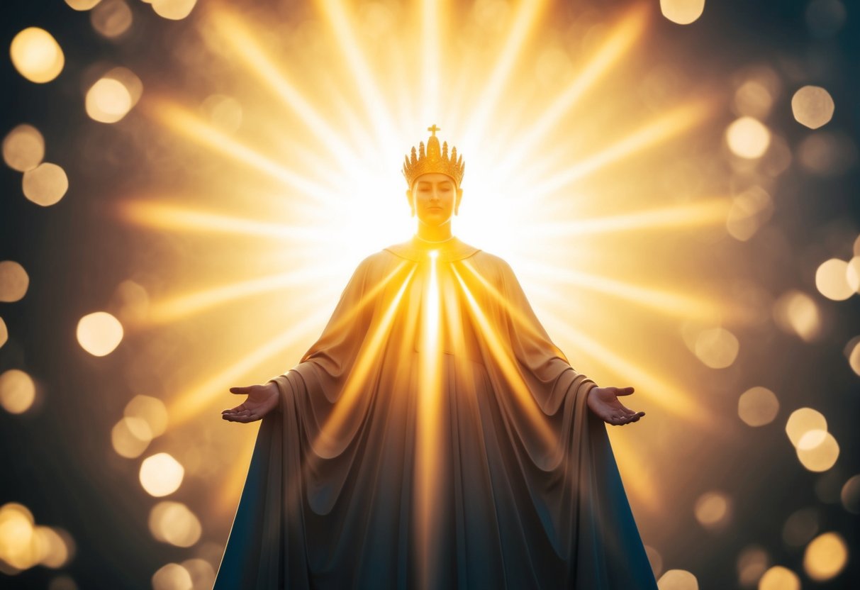 A radiant figure surrounded by light, exuding power and authority, with a sense of divine presence