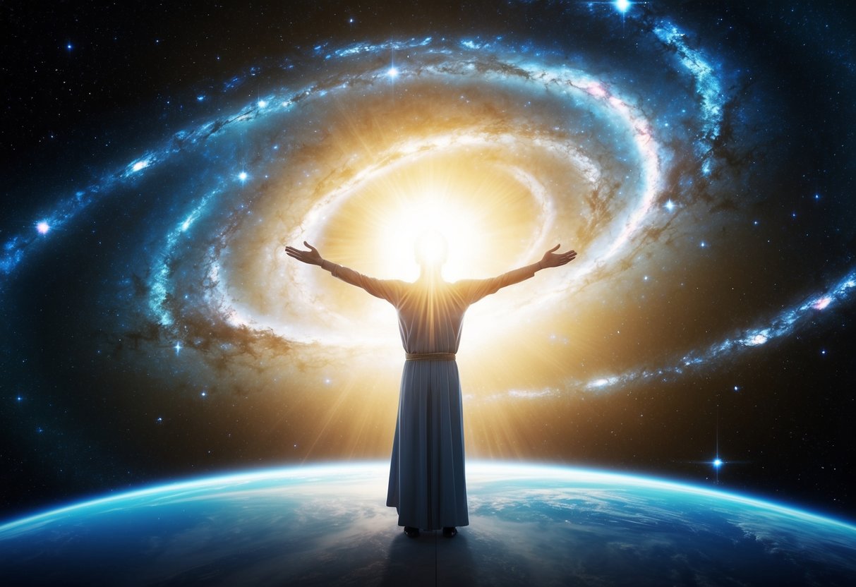 A radiant figure stands before a vast universe, holding the cosmos in their outstretched arms. Stars and galaxies swirl around them, illustrating the concept of omnipotence