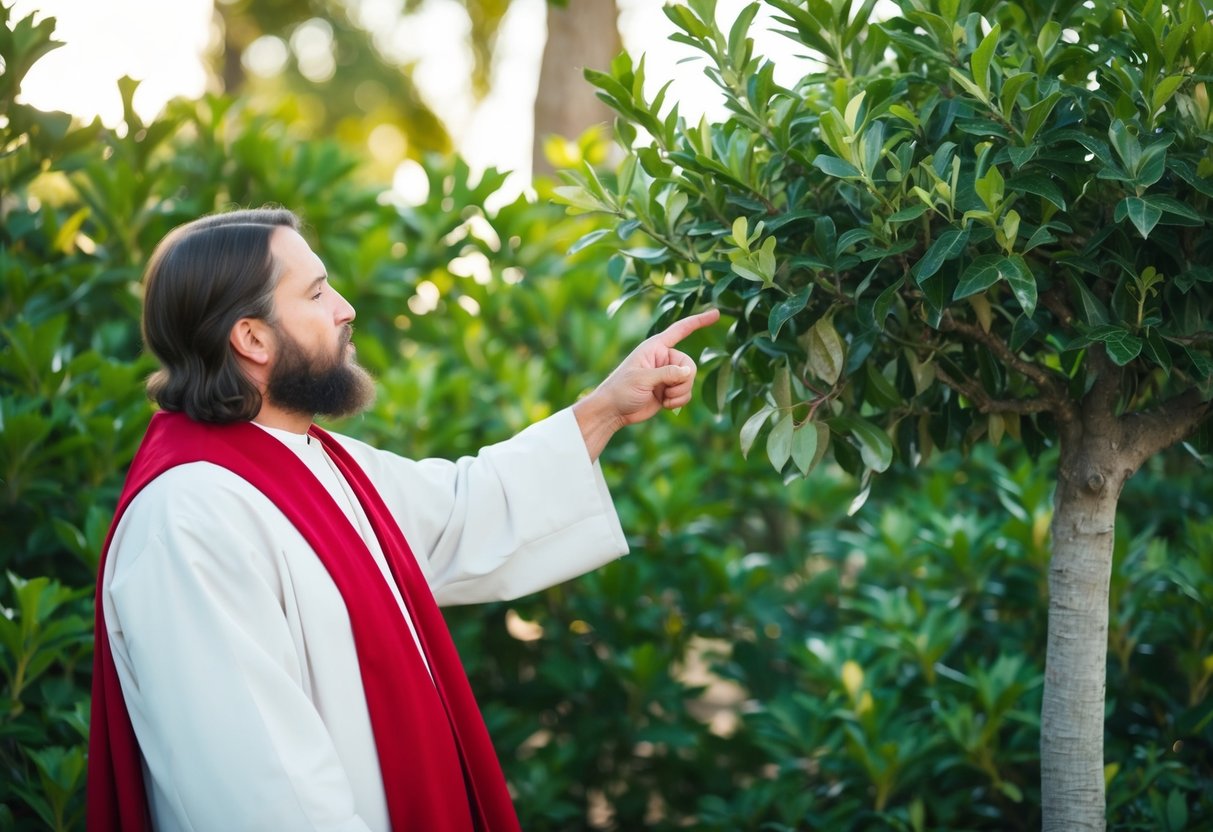 Jesus points to a withered fig tree among lush foliage