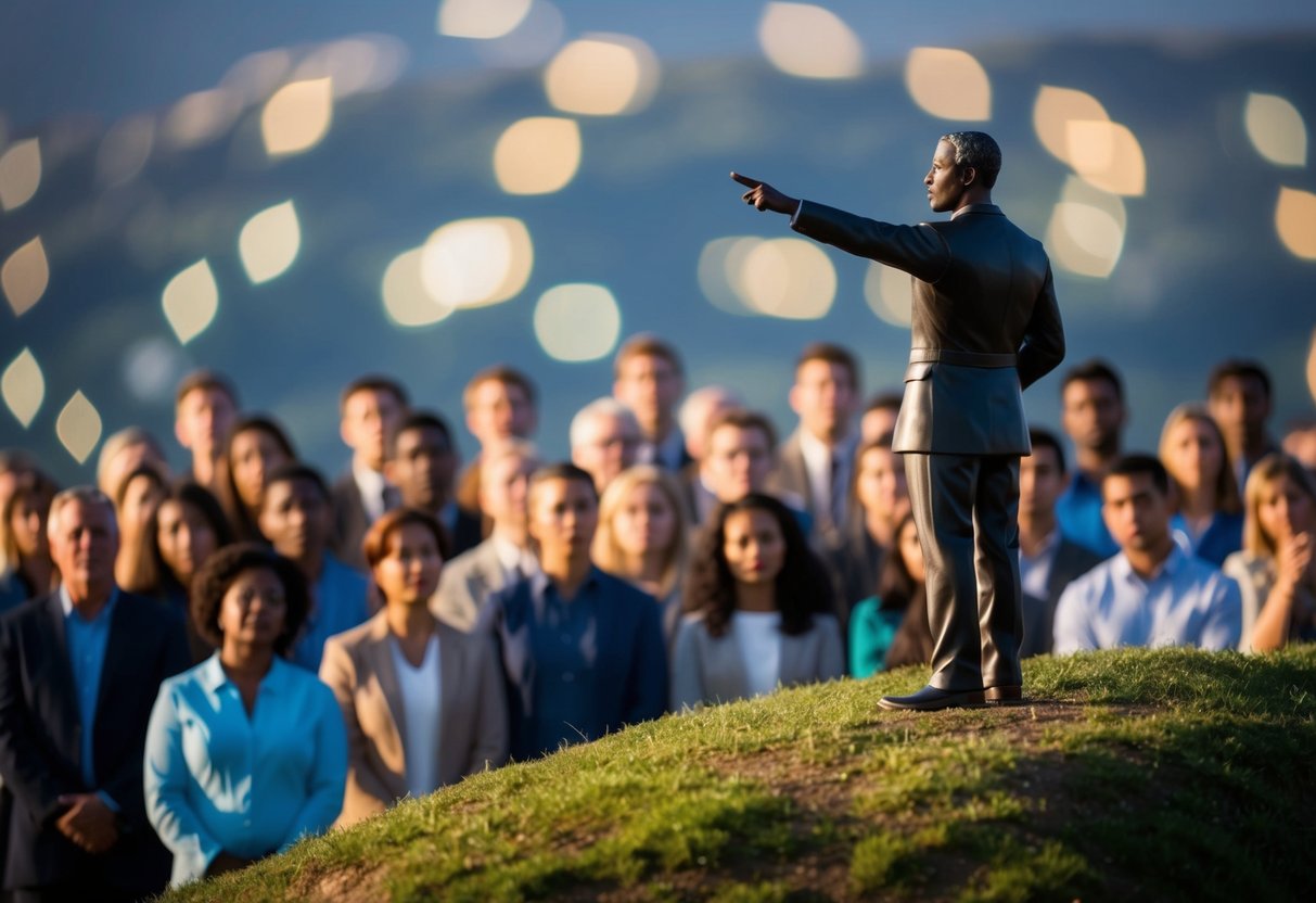 A figure standing on a hill, pointing and speaking with authority, surrounded by a crowd of people listening intently