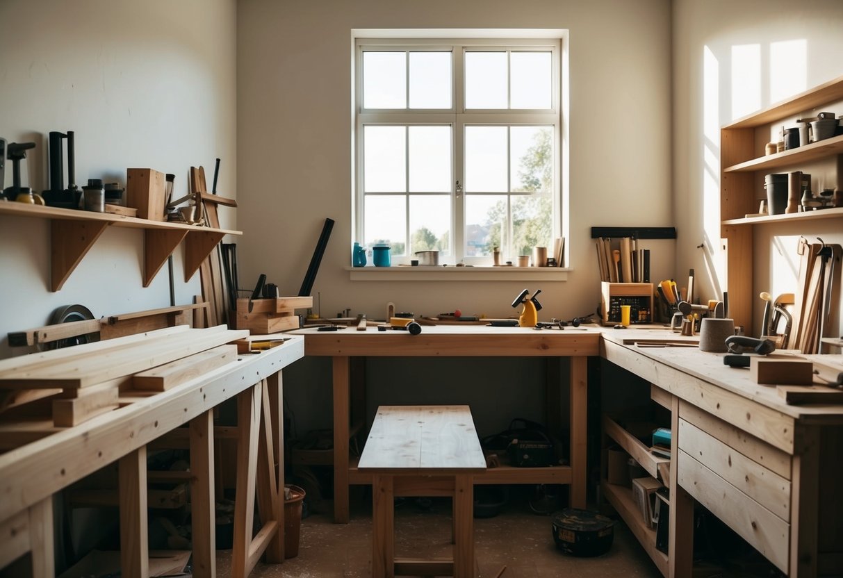 A small carpentry workshop with a workbench, tools, and unfinished wooden furniture. Sunlight streams through a window onto the cluttered workspace