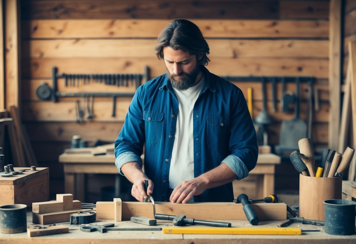 A humble carpentry workshop with tools and wood, symbolizing Jesus' earthly occupation and the importance of manual labor