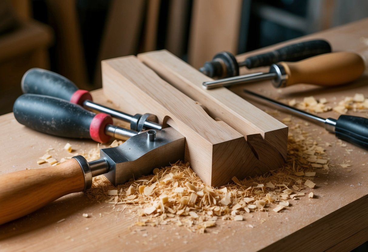 A wooden workbench with hand tools and a partially carved piece of wood, surrounded by sawdust and shavings
