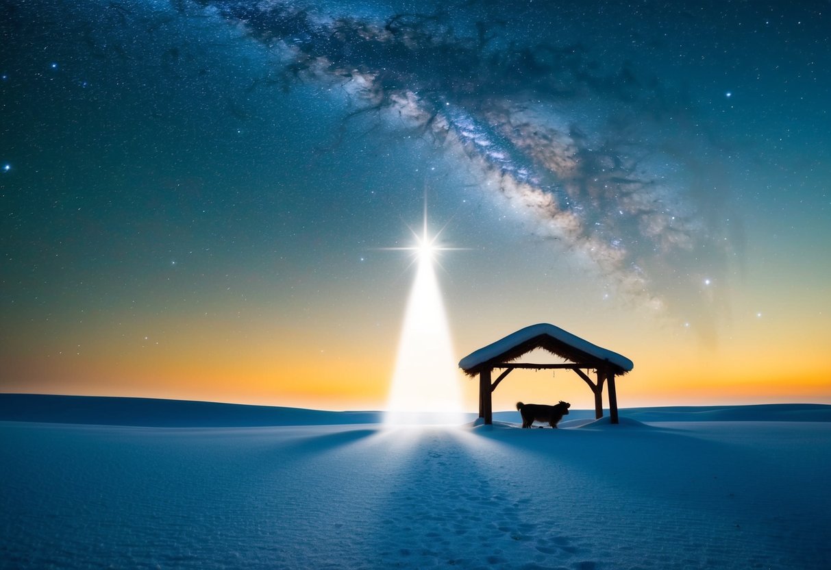 A serene landscape with a bright, starry sky and a shining, guiding light leading towards a humble manger