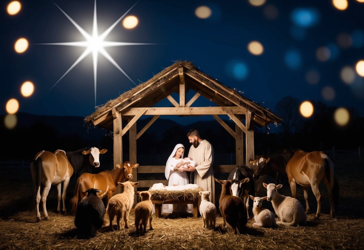 A bright star shines over a humble stable, where animals gather around a manger holding a newborn baby