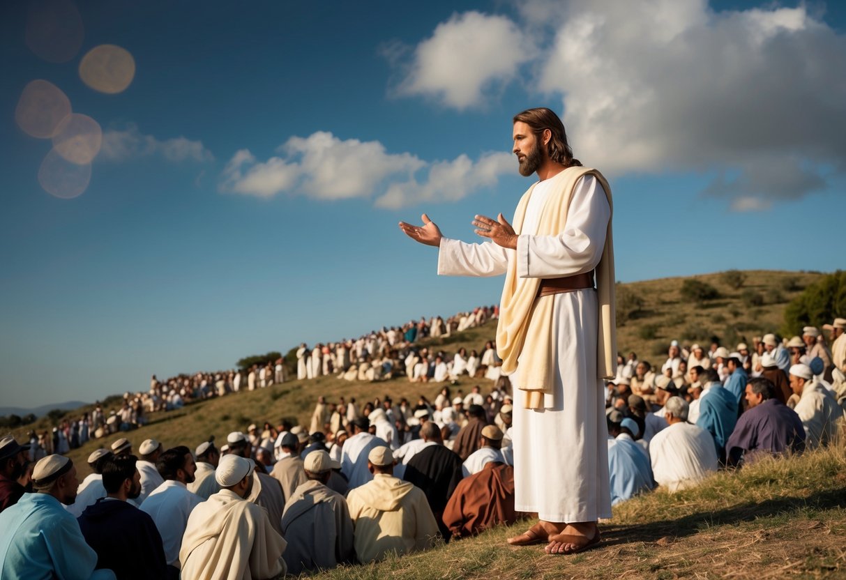 Jesus teaching on a hillside with a crowd gathered around him, illustrating his ministry and teachings from the Bible