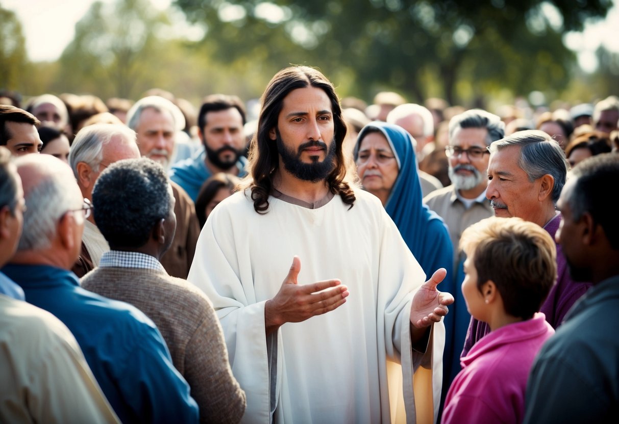 A crowd gathers around Jesus, who stands with a compassionate expression, as people from all walks of life approach him seeking healing
