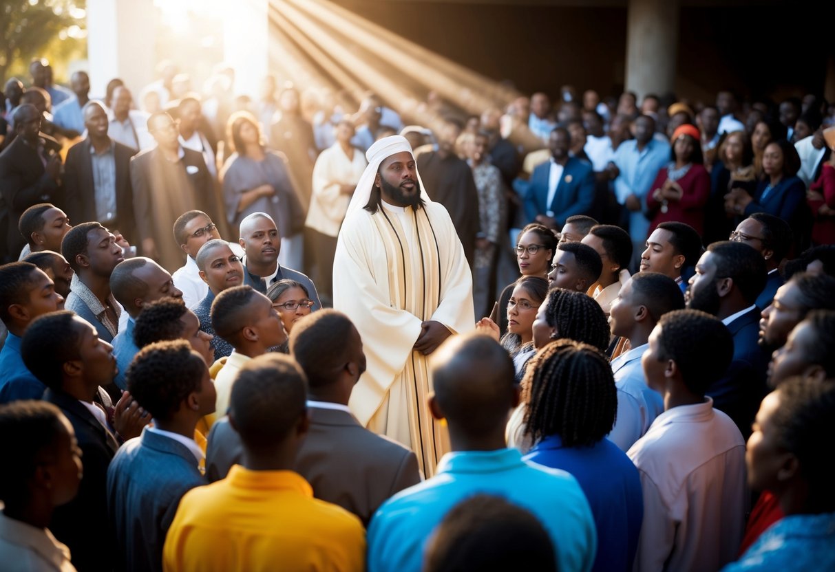 A crowd gathers around a figure in flowing robes, surrounded by people looking hopeful and expectant. Light streams down from above, creating a sense of warmth and comfort
