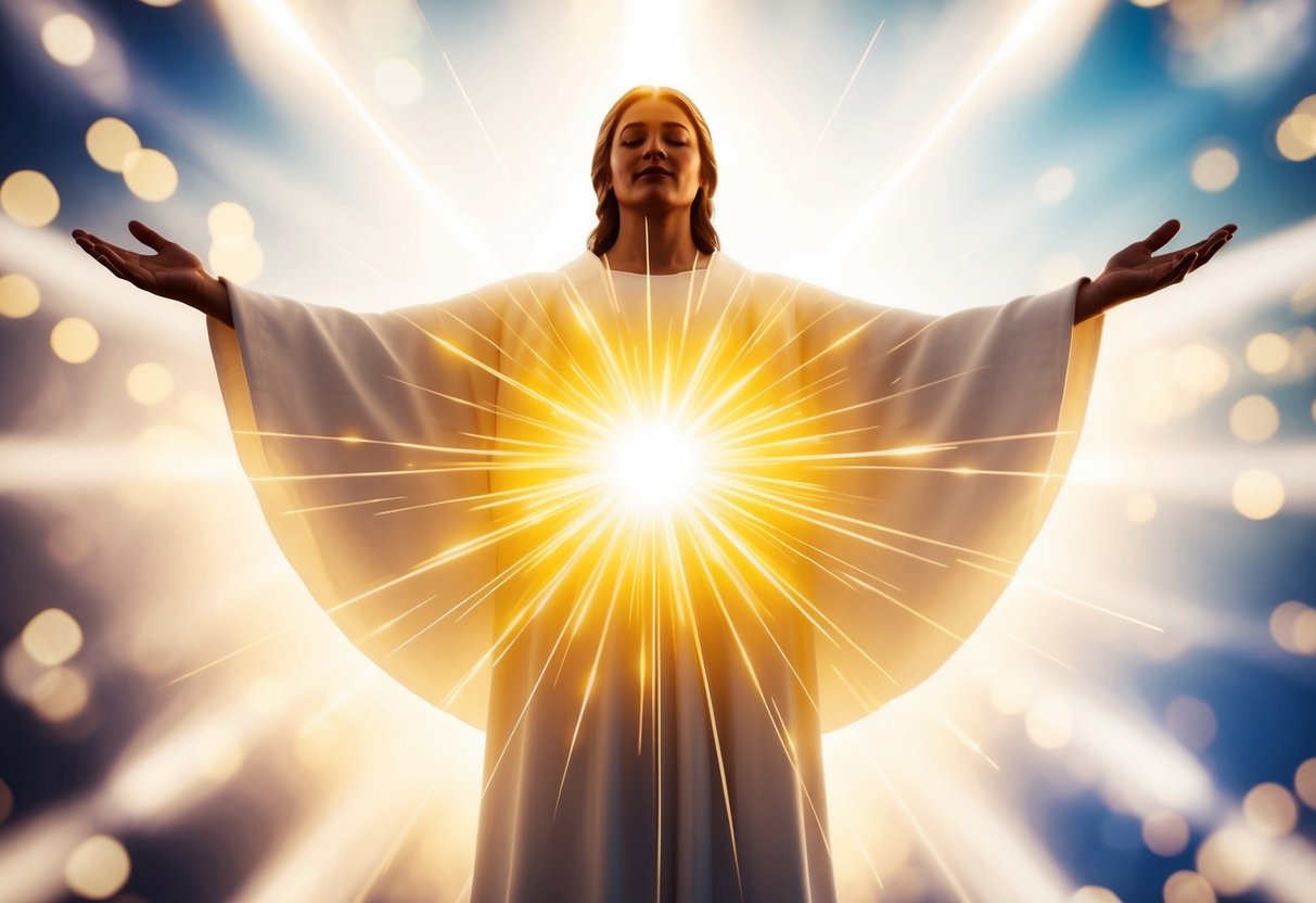 A figure surrounded by light, with outstretched arms and a sense of peace, radiating healing energy to those around them