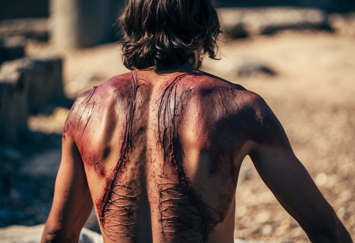 Jesus' body shows signs of severe beating, with bruising and lacerations covering his back and torso