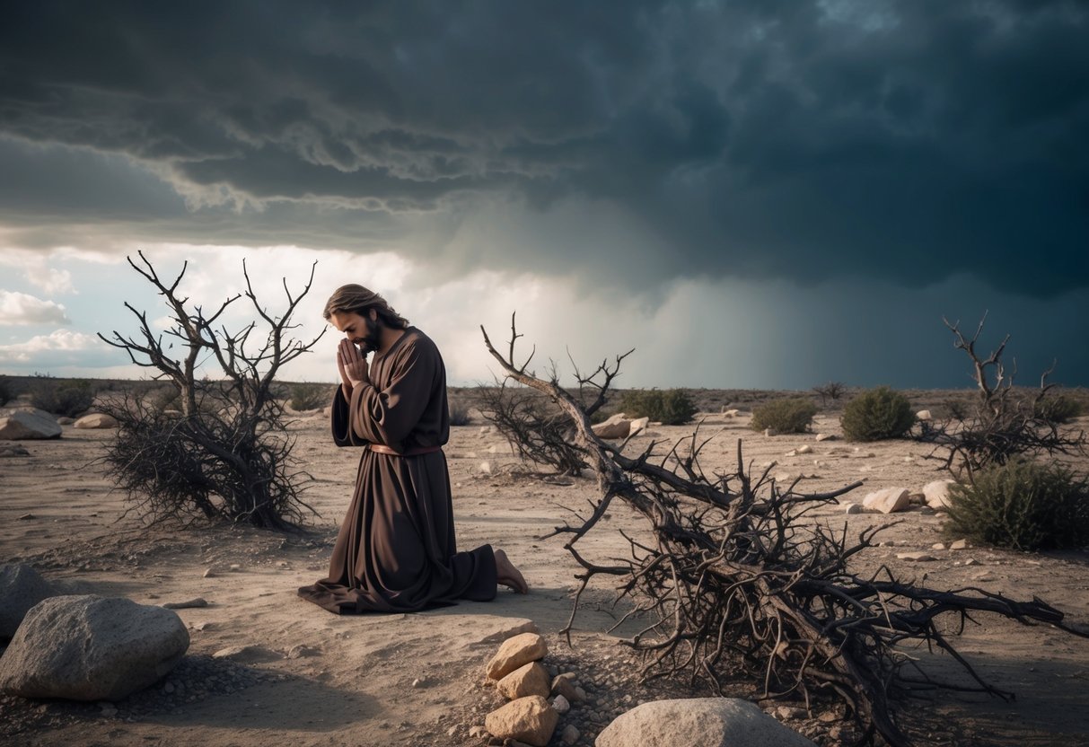 Jesus' suffering depicted through a barren landscape with dark storm clouds, a solitary figure kneeling in anguish, surrounded by thorny branches and rocks