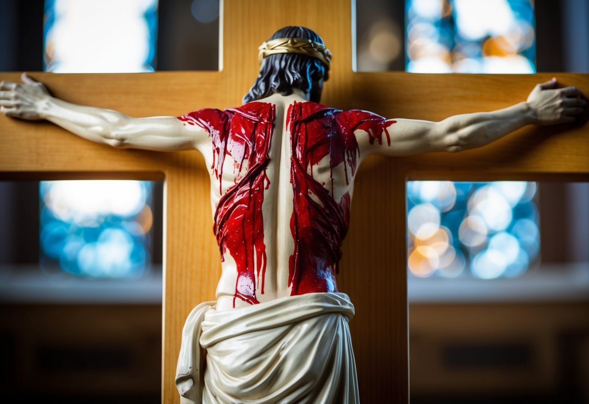 A figure is shown with a back covered in bloody wounds, symbolizing the suffering of Jesus