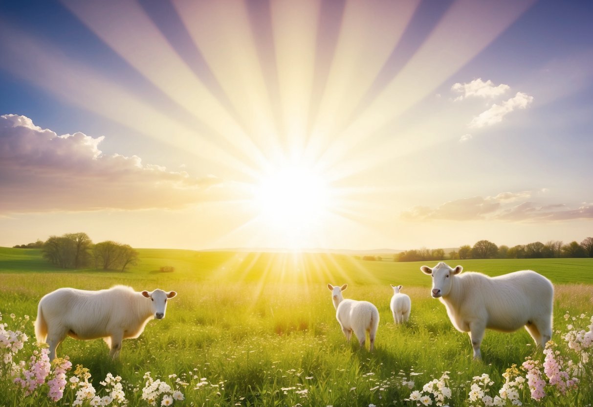 Jesus's love shown through a serene landscape with a radiant sun shining down on a peaceful meadow, surrounded by blooming flowers and gentle animals