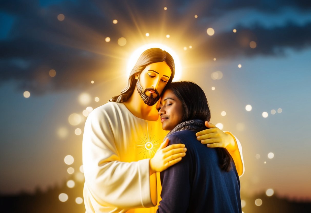 A glowing figure of Jesus surrounded by light, embracing a person in a gesture of love and compassion