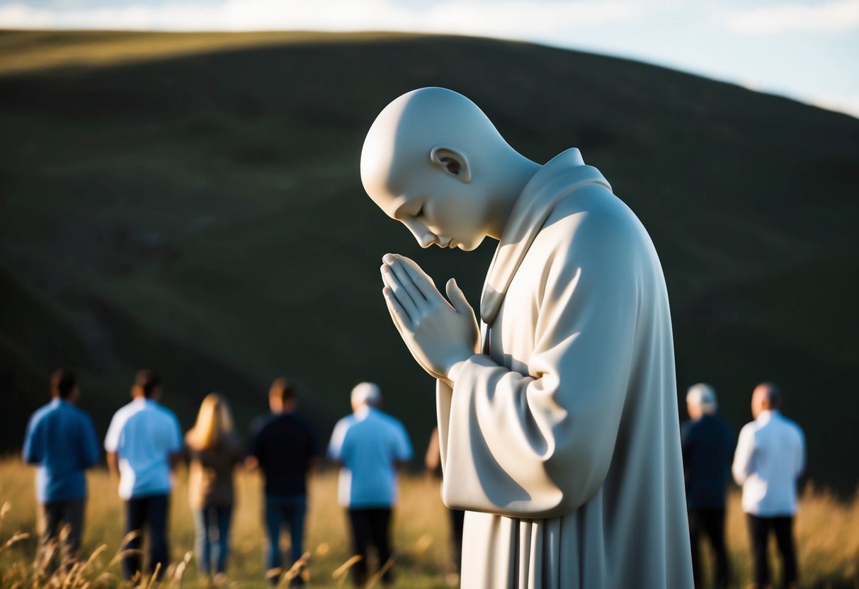 A serene figure in a simple robe, standing on a hill, surrounded by a group of people. The figure is in a posture of prayer, with eyes closed and head bowed