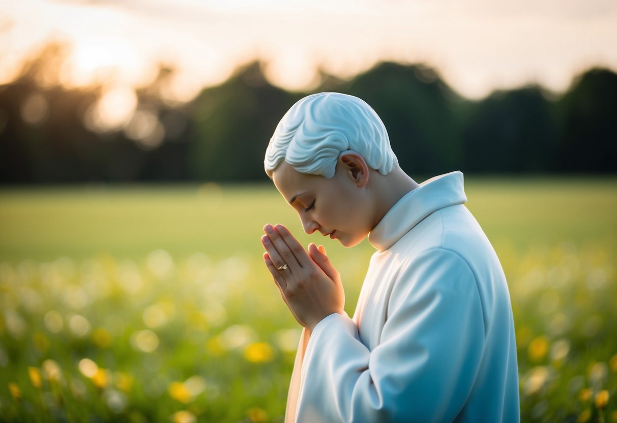 A serene figure in a peaceful setting, head bowed in prayer with an air of reverence and humility