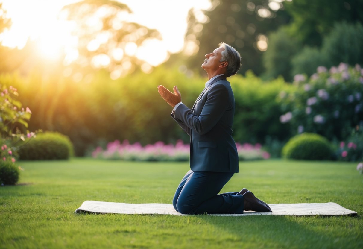 A figure kneeling in a peaceful garden, with eyes closed and palms turned upwards, surrounded by a sense of serenity and connection to a higher power