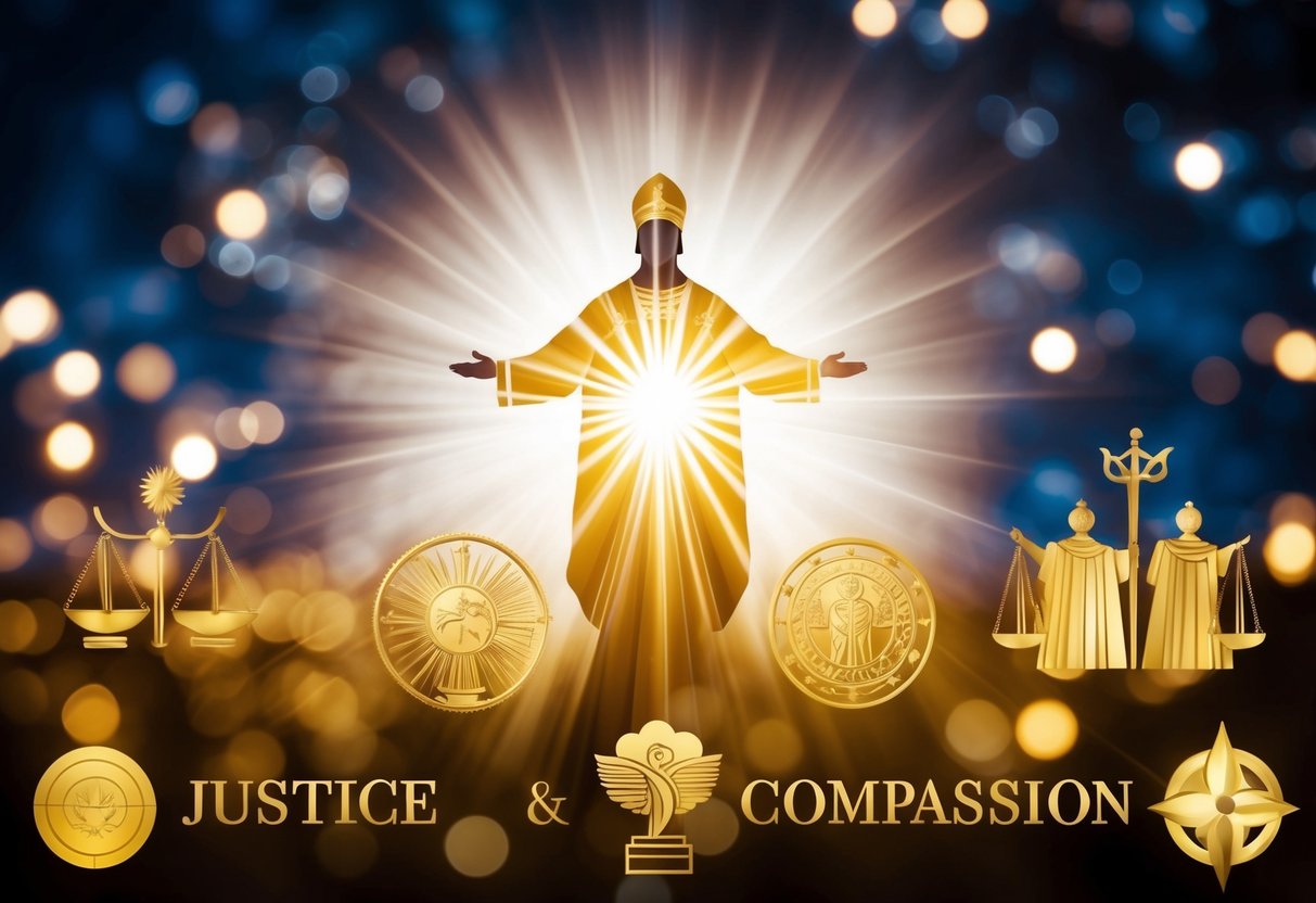 A figure in radiant light presides over a diverse world, surrounded by symbols of justice and compassion