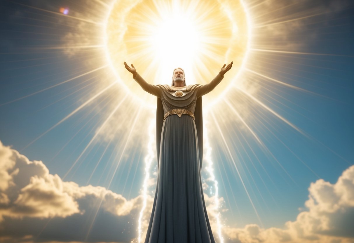 A majestic figure descends from the heavens, surrounded by radiant light and accompanied by a sense of solemn authority