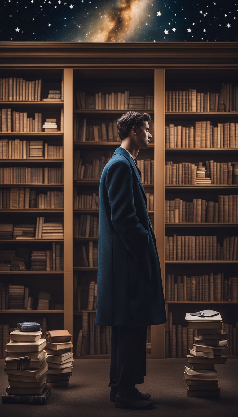 A figure standing alone, gazing at the stars with a thoughtful expression, surrounded by books and unconventional objects