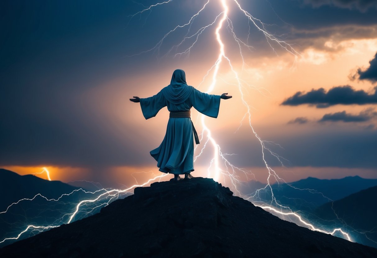 A figure in flowing robes stands on a mountaintop, arms outstretched. Lightning strikes the earth below, illuminating a world in chaos