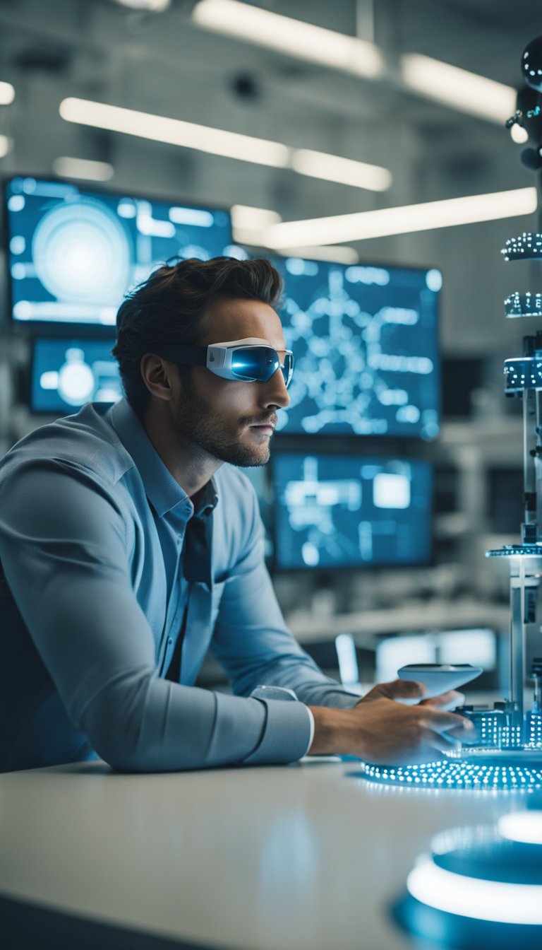An Aquarius innovator surrounded by futuristic technology, brainstorming and experimenting in a bright, airy laboratory