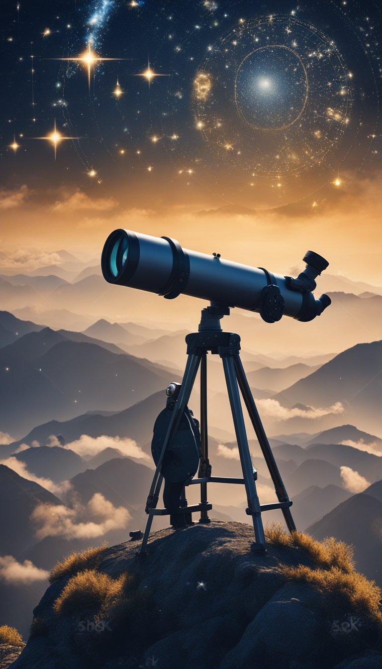 A person standing on a mountain peak, gazing out at a starry sky with a telescope in hand, surrounded by futuristic technology and symbols of the zodiac
