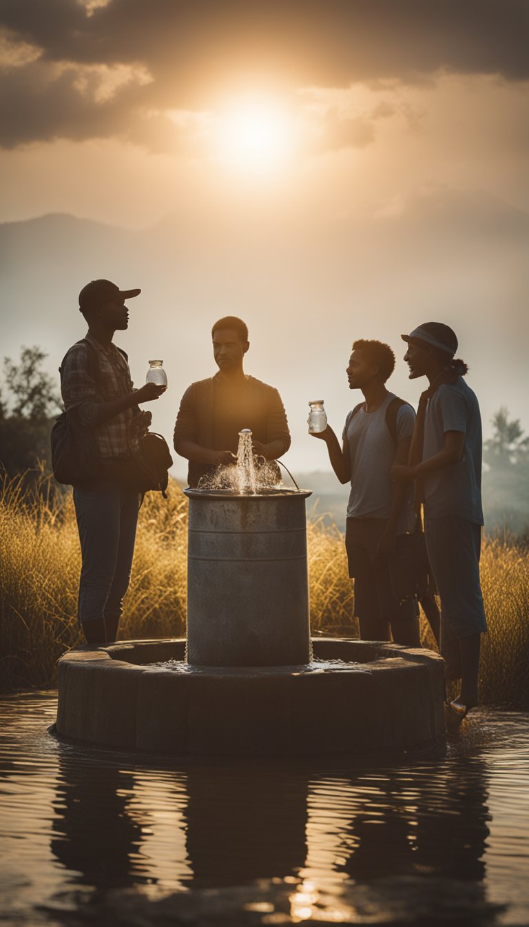 A group of people gather around a well, offering water to those in need. The sun sets behind them, casting a warm glow on their compassionate actions