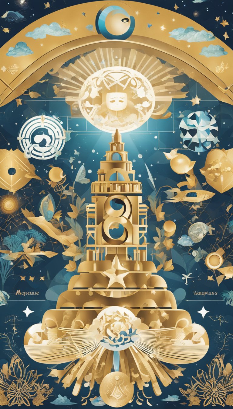 An Aquarius symbol surrounded by a diverse array of open-minded imagery