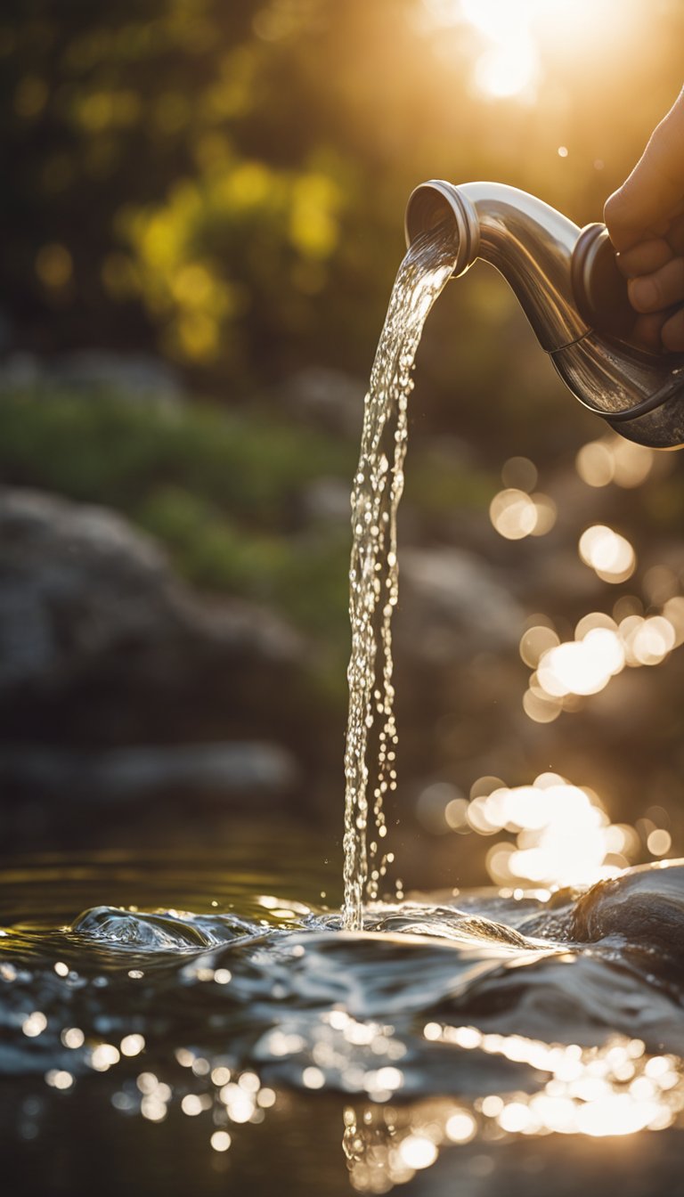 A smiling sun with a water bearer pouring water into a friendly, flowing river