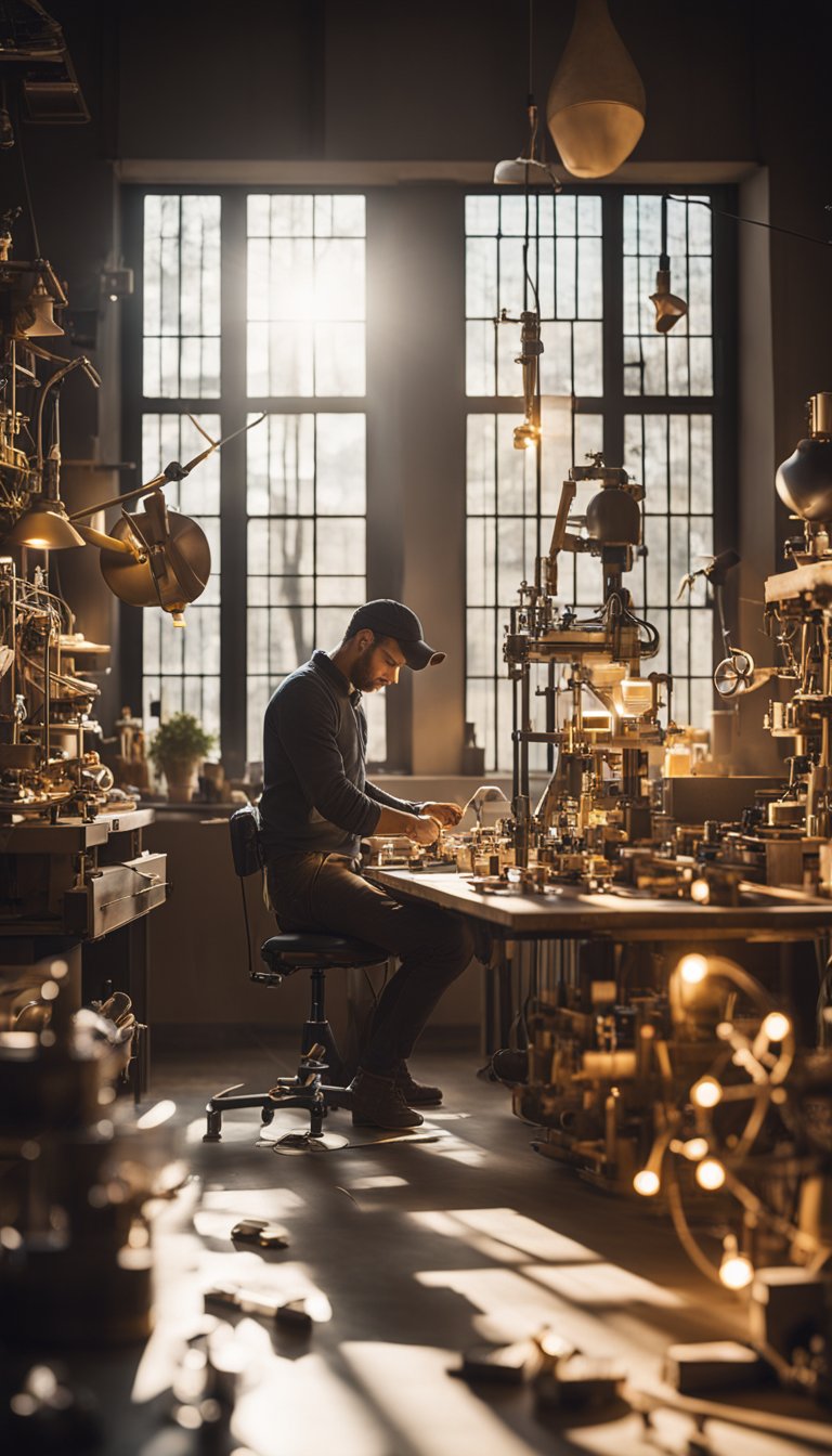 A figure surrounded by various tools and materials, working on a unique and intricate invention. Bright light streams in through a window, illuminating the creative process