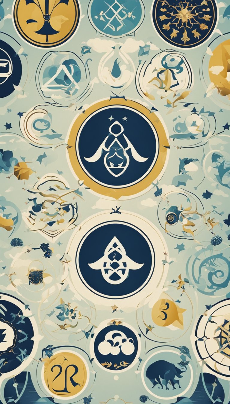 A group of 25 unique Aquarius symbols arranged in a circular pattern, with each symbol representing a different trait of the zodiac sign
