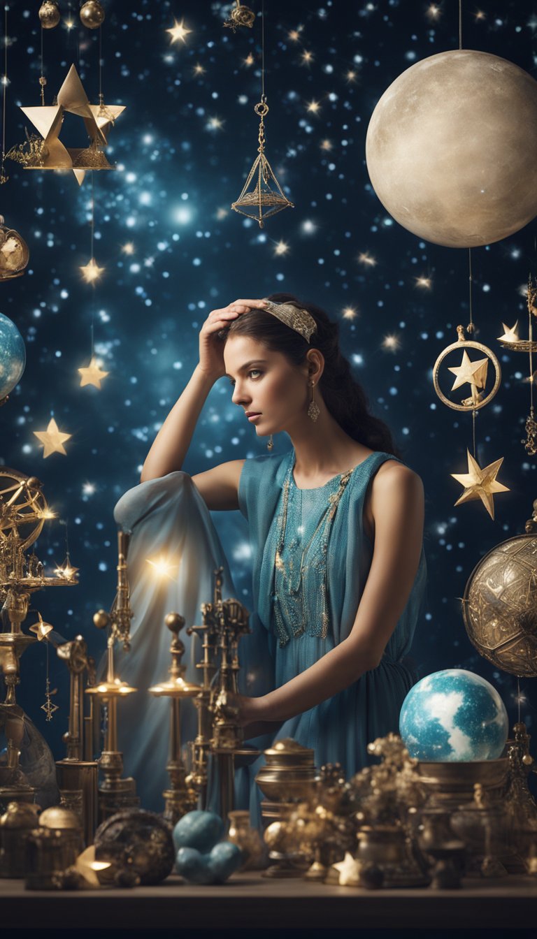 An Aquarius surrounded by unique objects and symbols, gazing at the stars with a thoughtful expression
