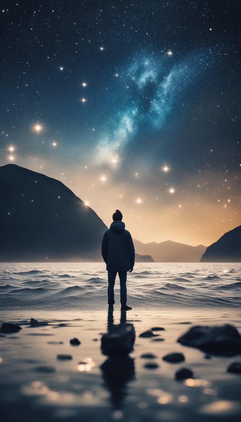 An aloof figure gazes at the stars, surrounded by water and air elements