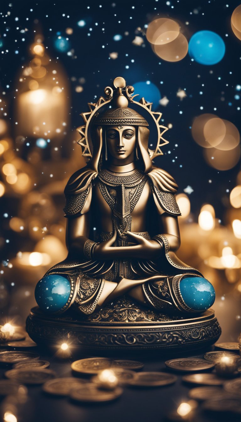 A quirky Aquarius surrounded by eclectic decor, reading tarot cards under a starry night sky