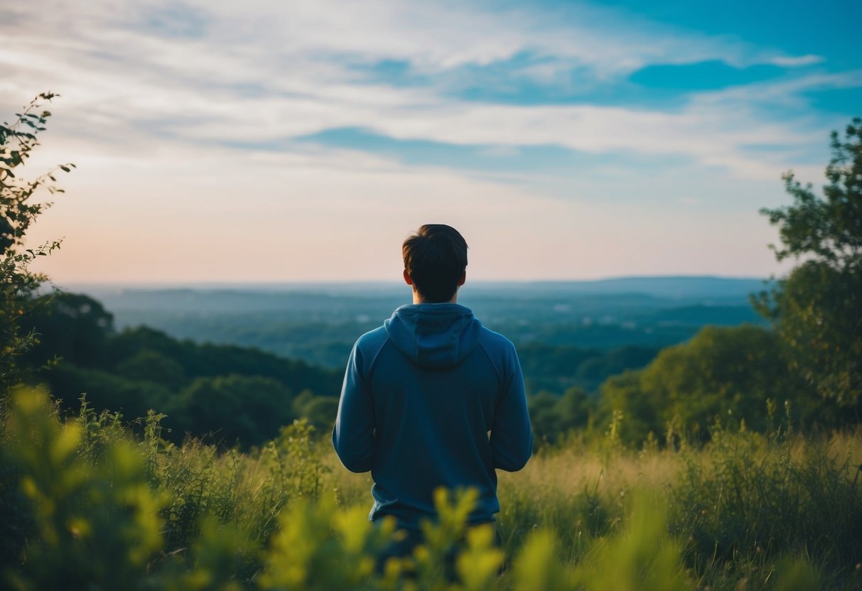 A serene landscape with a figure looking up at the sky, surrounded by nature and a sense of peace and tranquility