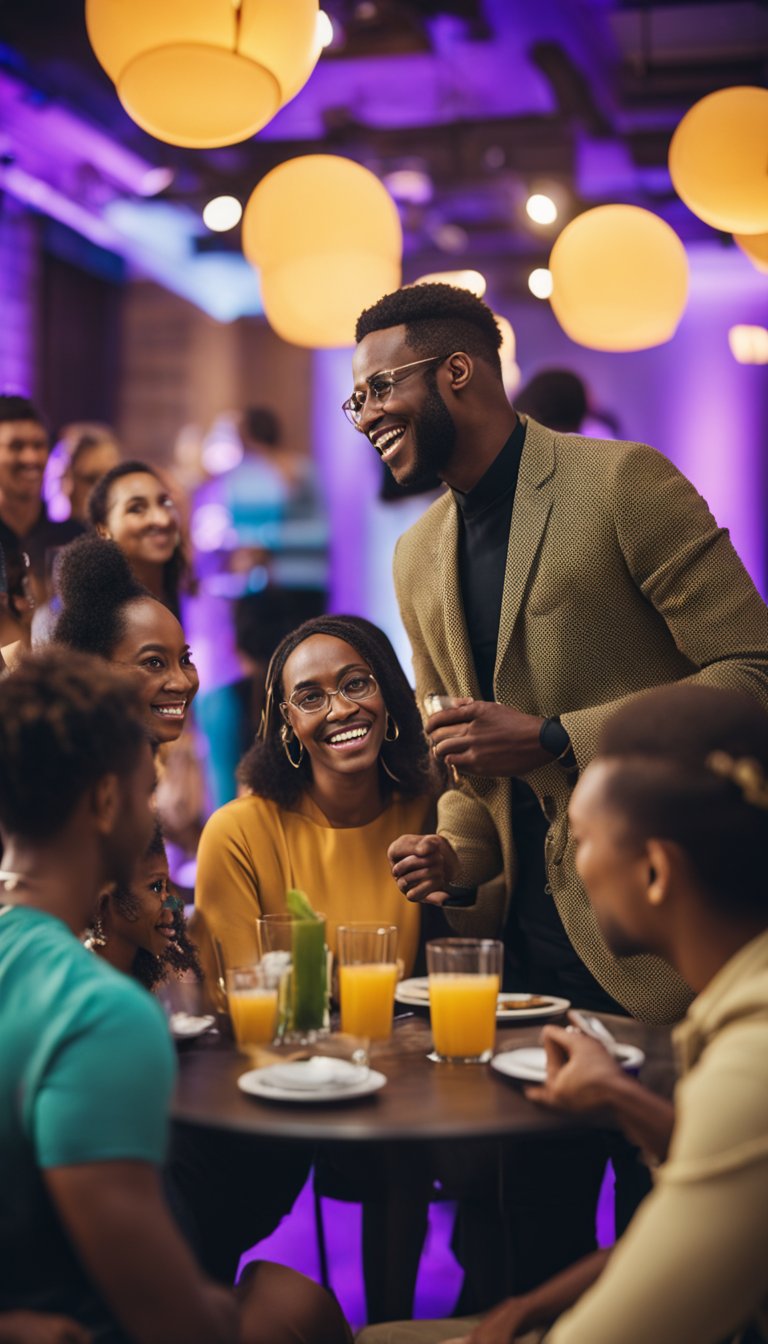 A group of diverse individuals engaging in lively conversations at a social event, with a vibrant and energetic atmosphere